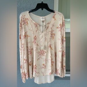 Knox Rose V-neck Tassel Tie Pleats Floral Lightweight Pullover Top Size XL